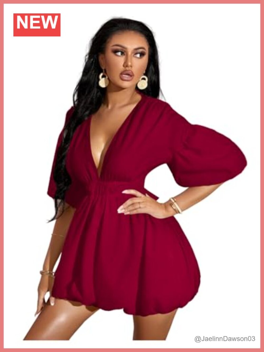 Deep V Neck Puff Sleeve Flare Ruffle Mini Dress